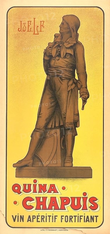 Advertising poster, beverage advertisement, advertising poster for Quina Chapuis, an invigorating aperitif wine that was produced around 1900 to 1920. The poster shows an image of a statue with the initials J. & E. L. F, authentic reproduction of a historical advertising poster, advertising sign, in high resolution, historical