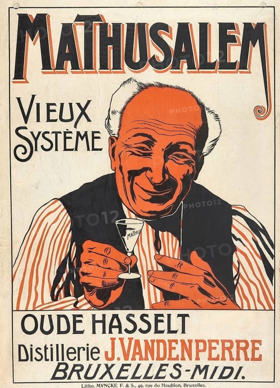 Advertising poster, beverage advertisement, poster promotes the Belgian liqueur Mathusalem from the J. Vandenperre Distillery in Brussels. The graphic shows an elderly, smiling man in a striped shirt and vest, happily lifting a small shot glass inscribed with the brand name, authentic reproduction of a historical advertising poster, advertising sign, in high resolution, historical