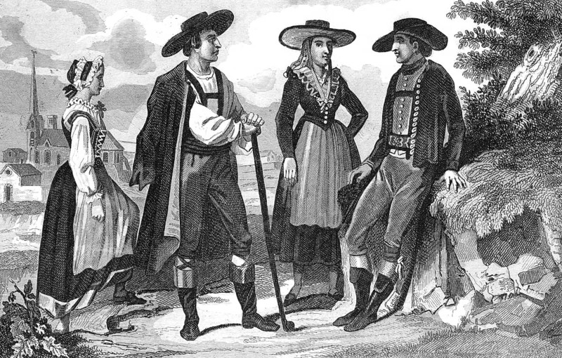 Traditional clothing styles and culture from the 19th century. Peasants from Upper Carniola and Upper Austria (3, 4), illustration, reproduction of a 19th-century original. Authentic, file restored for optimal use, exact date of the original unknown, historical