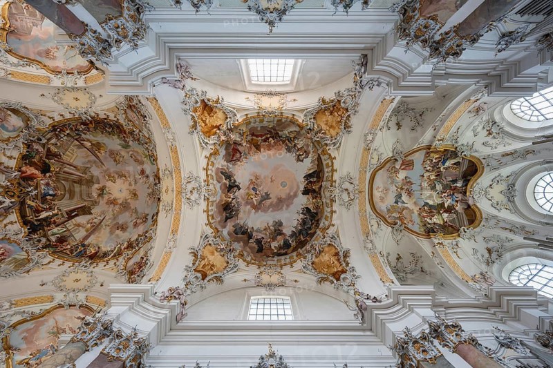 The magnificent Basilica of St. Alexander and St. Theodor in Ottobeuren impresses as a masterpiece of southern German Baroque with its opulent ceiling frescoes and detailed stucco decoration, Ottobeuren, Unterallgäu, Bavaria, Germany