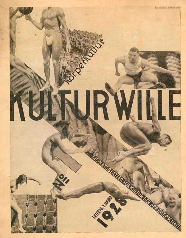 Kulturwille, monthly bulletin of workers' culture, 5th year, 1928, issue 1, magazine, twenties, collage of sporty men in motion with a touch of Bauhaus style in black and white, title, Hermann Trinkaus