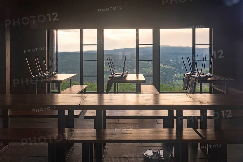 View through the window into Café Utsyn, Gol Ski Center, Hallingdal, Buskerud, Norway
