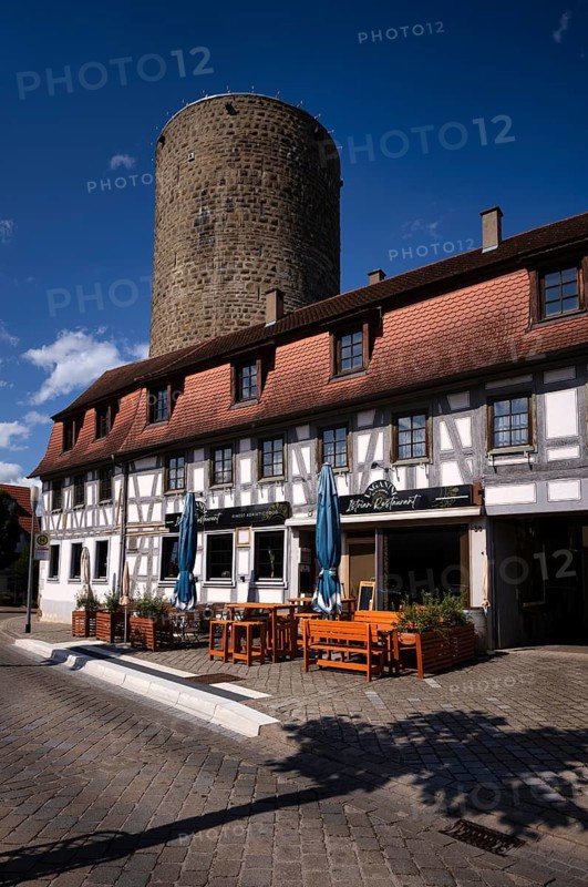 Waldhorn Tower, Gasthaus Laganinin im Waldhorn, half-timbered house, Old Town, Besigheim an der Enz, Baden-Württemberg, Germany