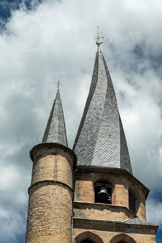 Saint Come d'Olt labelled Les Plus Beaux Villages de France, wisted steeple church, Church of St Come and St Damien, Aveyron, Occitanie, France