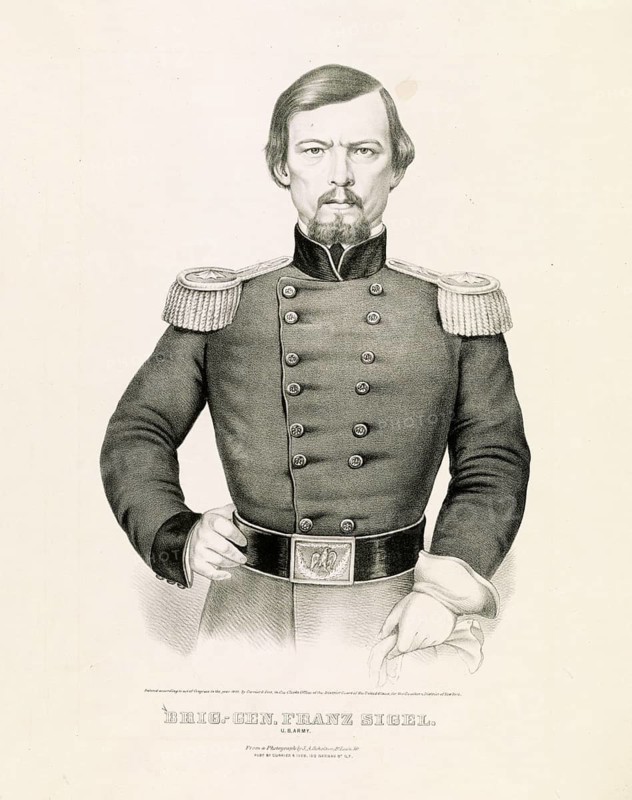 Franz Peter Sigel (born 18 November 1824, died 21 August 1902 in the Bronx, New York City) was an officer in the Baden Army and Minister of War for the Baden revolutionaries during the March Revolution of 1848–1849. After the revolution, he emigrated to the United States, where he became a teacher and lecturer and a prominent figure among the Forty-Eighters. Sigel was a key supporter of Abraham Lincoln, he served as a major-general in the Union Army during the American Civil War and later became a politician and newspaper publisher. Authentic, digitally restored high-resolution reproduction from a 19th-century original, exact date of the image unknown, American history, Historical