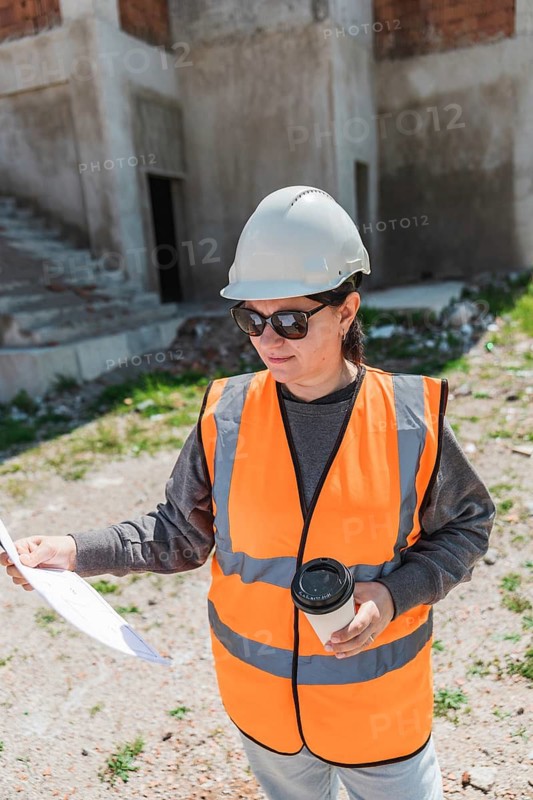 Woman in a hard hat and safety vest holds a coffee cup and construction plans at a building site. The background shows a partially constructed structure