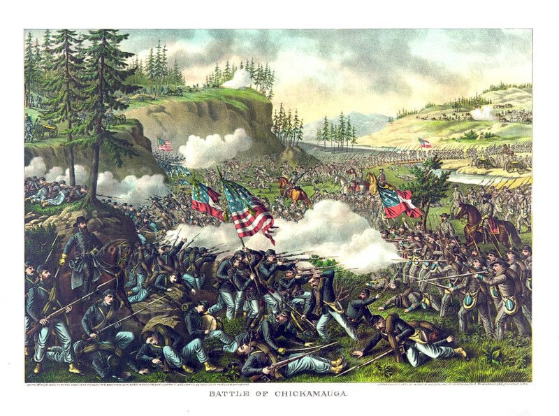 A late 19th-century lithograph by Kurz & Allison depicting the Battle of Chickamauga (18–20 September 1863) during the American Civil War.Historical background: Date and location: The fighting took place from 18 September 1863 in Catoosa and Walker counties in northern Georgia. Forces involved: Union (Northern) troops under General William S. Rosecrans clashed with the Confederate (Southern) army under General Braxton Bragg. American history, authentic, digitally restored reproduction of a 19th-century original, exact date of the depiction unknown, Historical