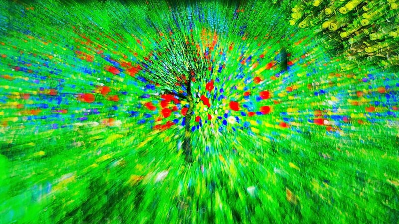 Carpet of flowers, green flower meadow, abstract, immersive exhibition, digital art, famous paintings, colorful projections on walls, Gustav Klimt, dynamic motion blur, art museum, Port des Lumieres, Westfield Überseequartier, Hafencity, Hamburg, Germany