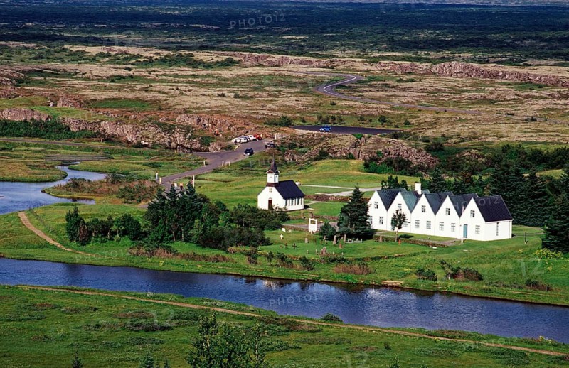 Thingvellir NP, Iceland, church, river, national park