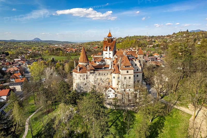 Bran Castle, also Törzburg or Dracula Castle in Bran or Törzburg seen from above, Transylvania, Romania