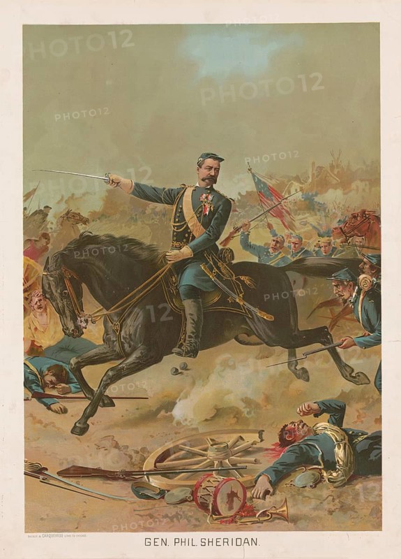 General Philip Henry Sheridan (1831–1988), a prominent general in the Union Army during the American Civil War. The image shows the general in battle with his sabre drawn, surrounded by fighting troops, flags and military equipment, American history, authentic, digitally restored high-resolution reproduction of a 19th-century original, exact date of the depiction unknown, historical