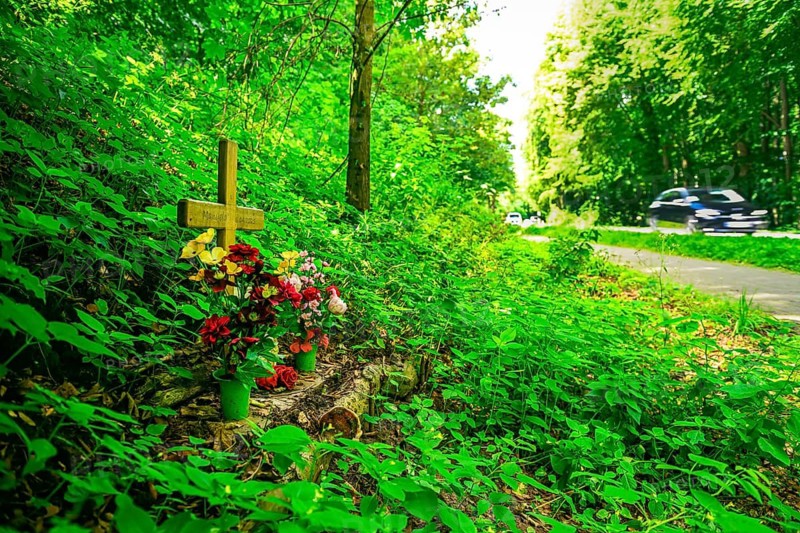 Memorial cross for the victim of a traffic accident on the B432 in Scharbeutz, Schleswig-Holstein, Germany +++ editorial use only