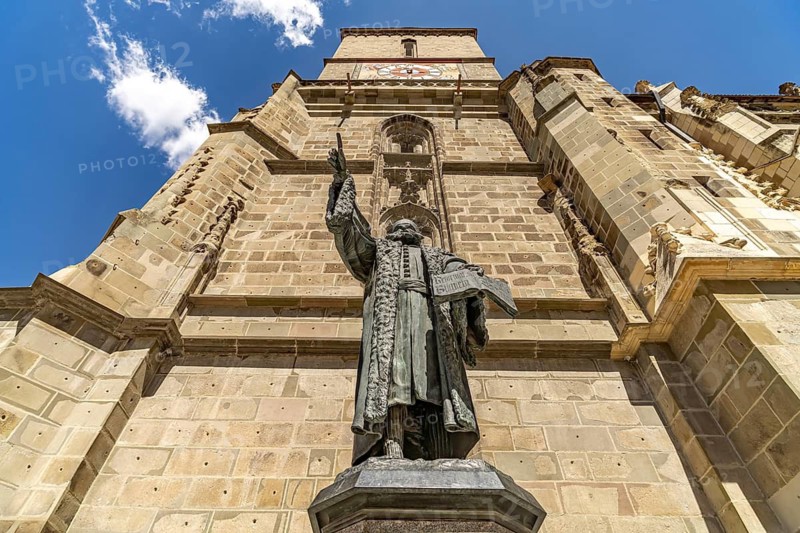 Johannes Honterus monument in front of the Black Church in Brasov or Kronstadt, Transylvania, Romania