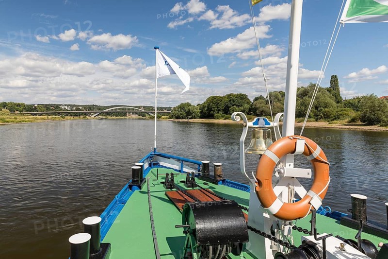 On the Elbe in Dresden, here at the Waldschlößchenbrücke, Dresden, Saxony, Germany, with the historic paddle steamer LEIPZIG