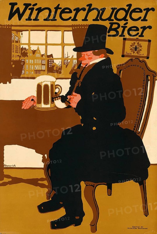 Advertising poster, beverage advertisement, advertising poster for Winterhuder beer, designed by artist Paul Scheurich in 1911. The motif shows a man in a dark frock coat and top hat drinking a beer while snow-covered buildings can be seen in the background, authentic reproduction of a historical advertising poster, advertising sign, in high resolution, historical