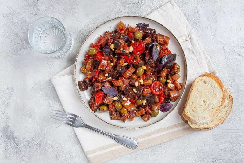 A plate of Sicilian caponata, vegetable stew, Italian cuisine, homemade, no people