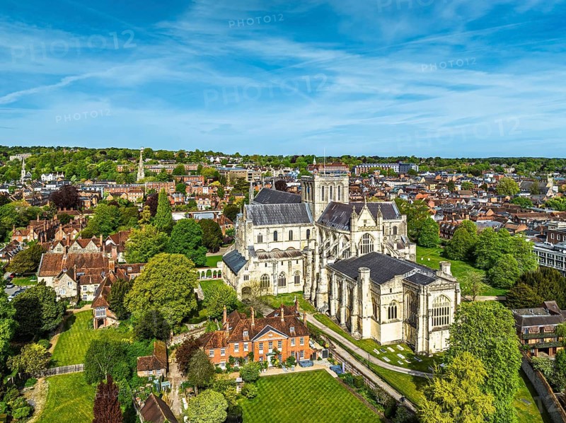 Winchester Cathedral from a drone, Winchester, Hampshire, England, United Kingdom