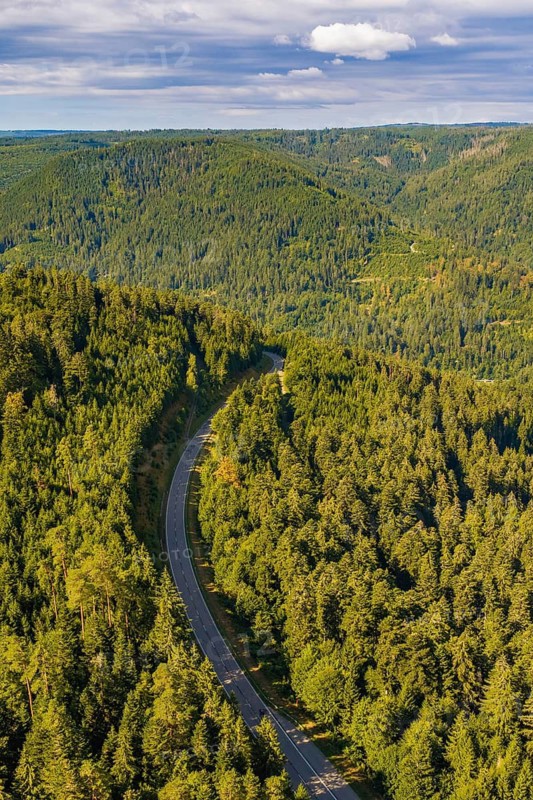 A winding path snakes through densely wooded hills with clear skies above, Besenfeld, Freudenstadt district, Germany