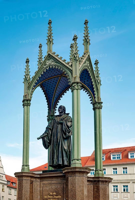 Market square with Melanchthon monument by Friedrich Drake, Luther city Wittenberg, Saxony-Anhalt, Germany