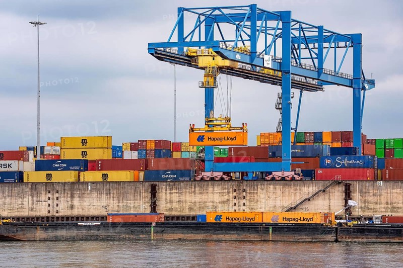 Container terminal, container handling center, Gateway West terminal, Logport 2, cargo ship on the Rhine is being loaded, Duisburg-Wanheim, people on the Rhine, North Rhine-Westphalia, Germany