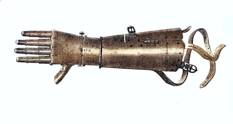 Historical illustration of the second iron hand of the knight Götz von Berlichingen, which was made around 1530. The mechanical prosthesis replaced his right hand, which he lost in 1504 due to a cannon shot, illustration, reproduction from a 19th century model. Authentic, file restored for optimal use, exact date of original unknown, historical, nostalgically colored