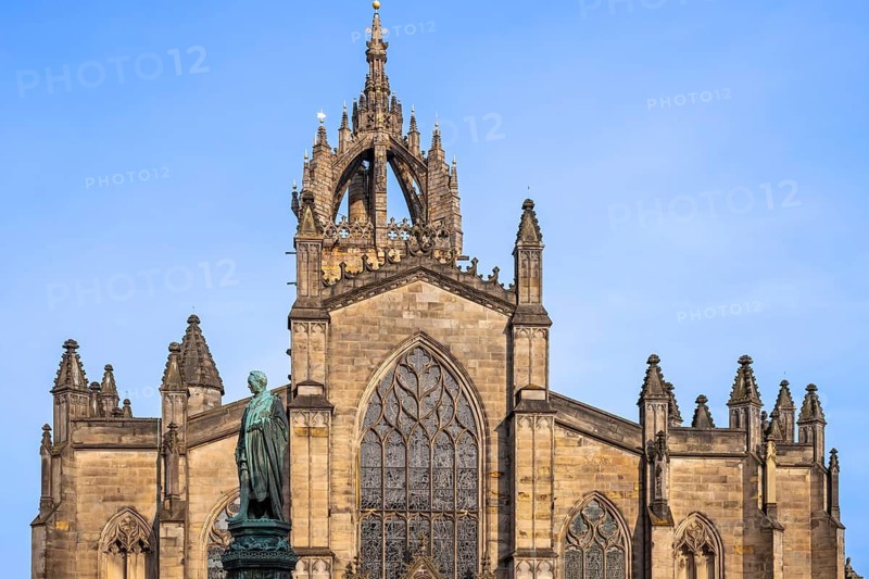 Statue of Walter Francis Montagu Douglas Scott, 5th Duke of Buccleuch in front of St Giles' Cathedral in the capital city Edinburgh, Scotland, UK
