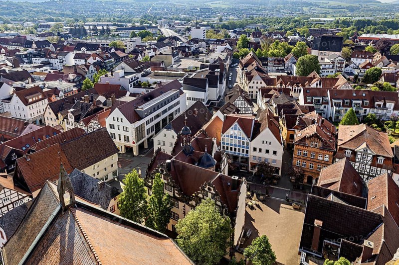 Panoramic aerial view of an old town with half-timbered architecture and red roofs, view of the city center of Bad Hersfeld