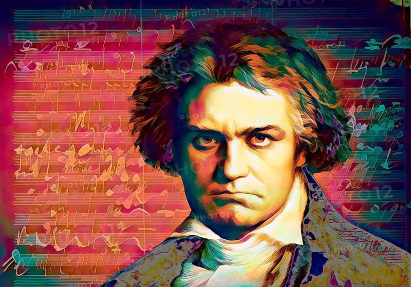Ludwig van Beethoven, 1770 -1827, German composer, Mass in C major op. 86, autograph manuscript, grim facial expression, digitally edited based on a historical illustration by Ludwig Michalek