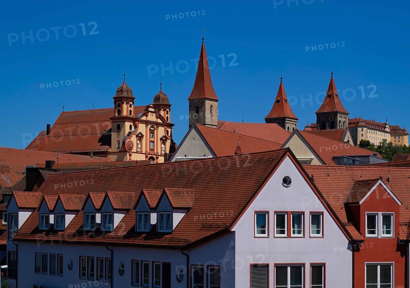 Protestant town church and collegiate church of the monastery, now St Vitus' Basilica, rooftops, Ellwangen (Jagst), Baden-Württemberg, Germany