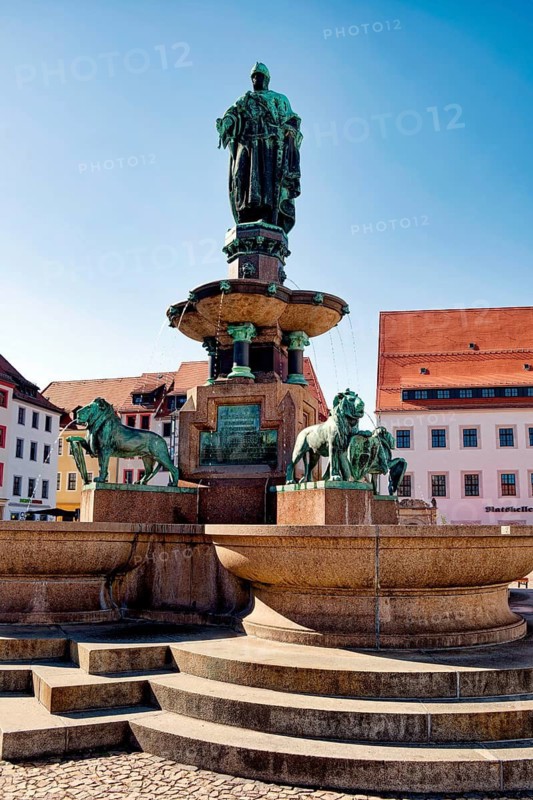 Freiberger Obermarkt with fountain monument Otto the Reiche, Silberweg, ore mining, silver mining, Margrave Otto the Reiche, Wettiner, Freiberg, Saxony, Germany