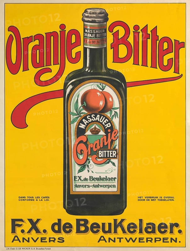 Advertising poster, beverage advertising, outdoor advertising for Oranje Bitters from the De Beukelaer distillery in Antwerp, Belgium. The work of art dates from 1925 and was created by the Oscar de Rycker & Mendel lithography company. The text on the poster confirms that consumption is permitted by law, authentic reproduction of a historical advertising poster, advertising sign, in high resolution, historical