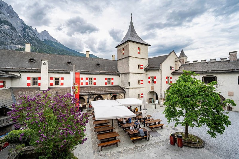 Castle courtyard building with beer garden, Hohenwerfen Fortress, Werfen, Pongau, Salzburg state, Austria