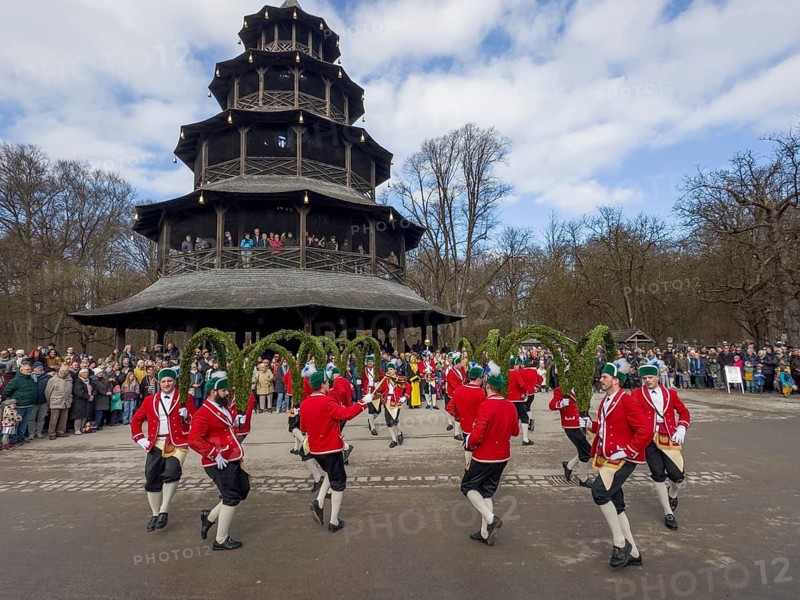 Schaeffler dance in 2026 in the English Garden, behind the Chinese Tower. The event takes place every 7 years between Epiphany and Shrove Tuesday, Munich, Bavaria, Germany