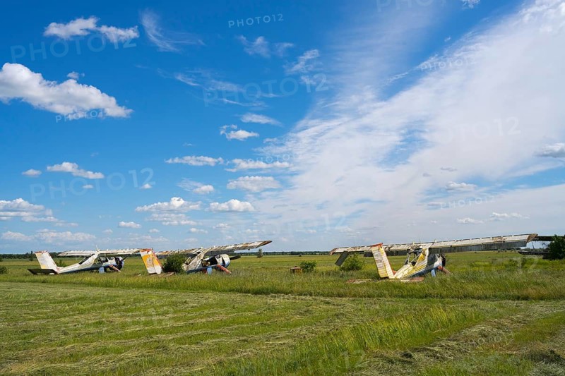Three abandoned aircraft stand side by side on a wide field under a blue sky, PZL-104 Wilga multi-purpose aircraft, abandoned airport, Ceadir-Lunga, Ceadîr-Lunga, Chadyr-Lunga, Taraclia district, Gagauzia autonomous region, Republic of Moldova, Moldova