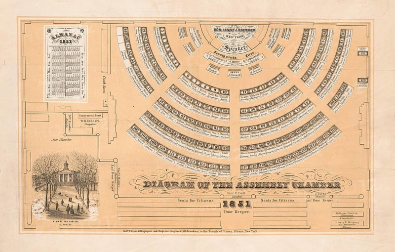 Historical seating plan of the New York State Assembly Chamber dating from 1851. The floor plan shows the semi-circular arrangement of the members' seats, the Speaker's seat (at that time held by Henry J. Raymond), as well as adjoining rooms and a view of the Capitol, American history, authentic, digitally restored high-resolution reproduction of a 19th-century original, exact date of the illustration unknown, historical