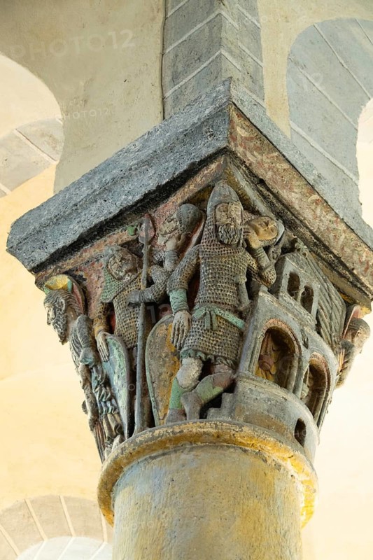 Capital of romanesque church of Saint Nectaire, The Tomb of Jesus, Puy de Dome, Auvergne Rhone Alpes, France