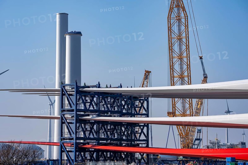 The seaport of Eemshaven, Julianahaven Basin, is where the components, rotors, tower components, technical gondolas, for offshore wind farms, which are then assembled into actual wind turbines, the components are transported to the wind farms in the North Sea with large working vessels and assembled there, Eemshaven, the Netherlands