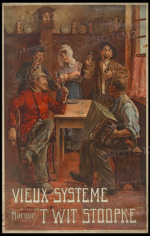 Advertising poster, beverage advertisement, original poster by Ernest Godfrinon from 1906 for Vieux Système Marque't Wit Stoopke. Scene shows a convivial group in a pub, including an accordion player, Belgium, authentic reproduction of a historical advertising poster, advertising sign, in high resolution, historical