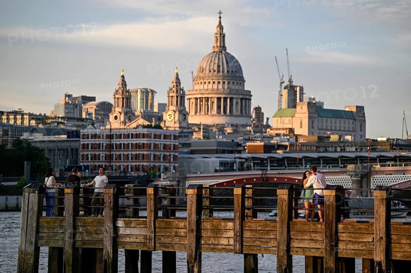 Thames pier overlooking St Paul's Cathedral and Blackfriars Bridge, South Bank, London, England, Great Britain, Great Britain