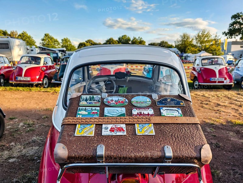 Brown leather suitcase, travel bag with stickers on the luggage rack, trunk, BMW Isetta, annual meeting 2026, rear view, cult, nostalgia, smooch ball, historical cultural property, Holzminden, Weser Hills, Germany