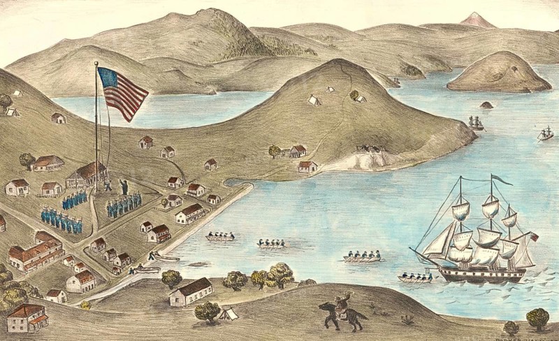 View of Yerba Buena, San Francisco, 1846, depicts the moment when Captain Montgomery from the Portsmouth sloop raised the American flag in the Plaza and took possession of the region for the United States. The scene shows the small settlement on the shores of the bay with mountains in the background and ships anchored, authentic, digitally restored reproduction of a 19th-century original, exact date of depiction unknown, historical