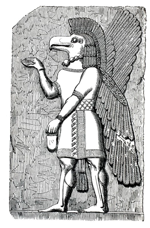 An Assyrian relief of the eagle-headed god Nisroch, the winged figure holding a pine cone, which is considered a symbol of regeneration, 1860, authentic, high-resolution reproduction from a 19th century model, exact date of depiction unknown, historical