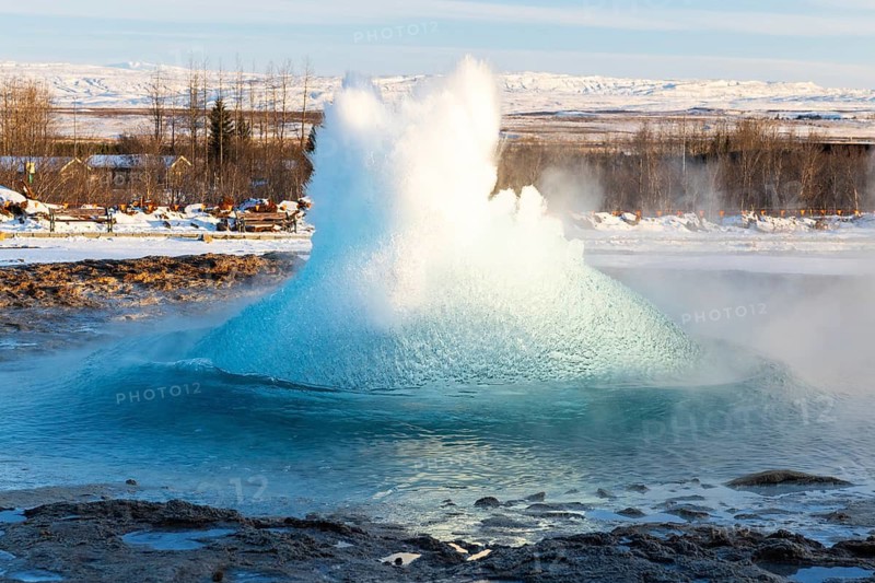 Strokkur, Gysir erupting, snow, winter, Haukadalur Valley, Golden Circle, Iceland, Scandinavia