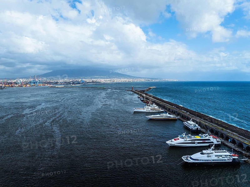 Naples Ferry Terminal from a drone, Molo Immacolatella Vecchia, Naples, Campania, Italy
