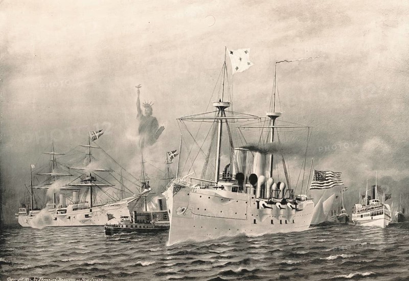The transfer of John Ericsson's remains in New York Harbour on 30 August 1890. The central cruiser, the USS Baltimore (C-3), is prominently depicted as it transports the body. In the background, other ships such as the USS Chicago and USS Newark can be seen, as well as the Statue of Liberty, an authentic, digitally restored reproduction of a 19th-century original, exact date of the depiction unknown, historical
