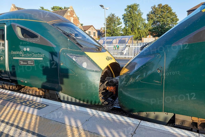 Two GWR Hitachi British Rail Class 802 Inter City Express trains coupled together, Pewsey railway station, Wiltshire, England, UK