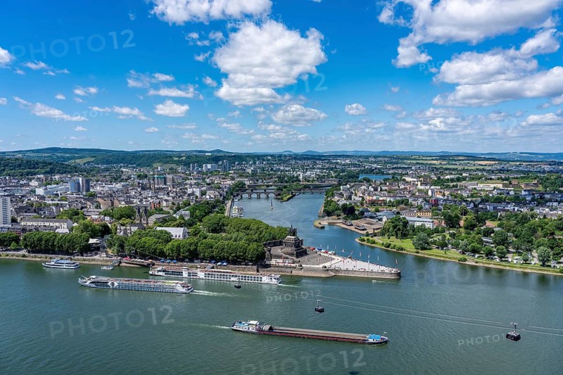 The Deutsches Eck, the confluence of the Moselle with the Rhine, near Koblenz, looking west, with the Kaiser Wilhelm Memorial, Rhineland-Palatinate, Germany