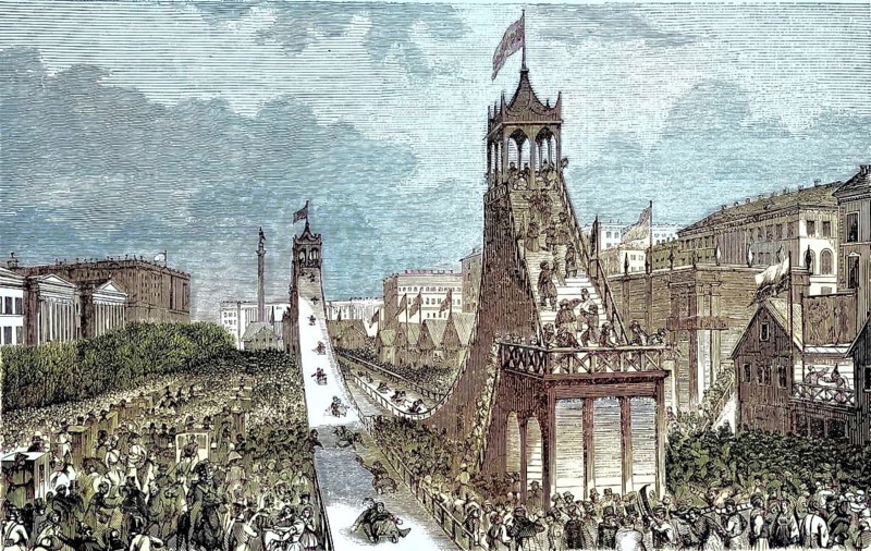 The famous Russian ice slides in St. Petersburg, a steep, ice-covered wooden structure on which people whizzed down to the valley in small sleighs, 1880, Russia, reproduction from a 19th century model. Authentic, file restored for optimal use, exact date of original unknown, nostalgically colored