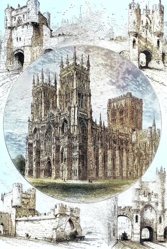 Cathedral and city gates of York, in northern England on the River Ouse, illustration, reproduction from a 19th century model. Authentic, file restored for optimal use, exact date of original unknown, historical, nostalgically colored