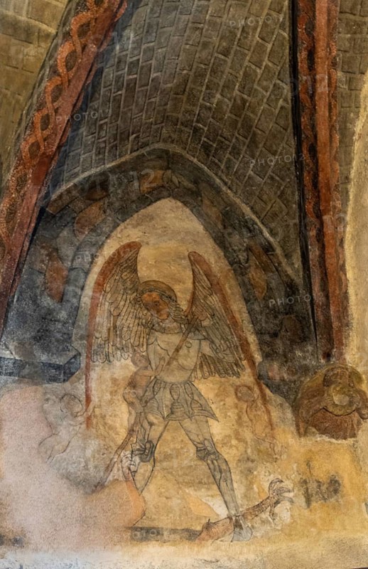 Saint Urcize, Saint Pierre and Saint Michel church of Saint Urcize, mural painting depicting the archangel Saint Michael, Auvergne Rhone Alpes, France